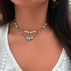 Beachy Shell Turquoise and White Beaded Necklace Double Strand